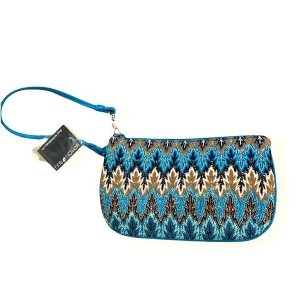 NWT 9” Small Shiny Beaded‎ Look Day to Night Clutch Bag in blue brown white tan